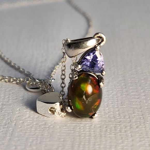 VID! 925 Natural Ethiopian Black Opal & Tanzanite Pendant Charm Necklace, Italy - Picture 11 of 14